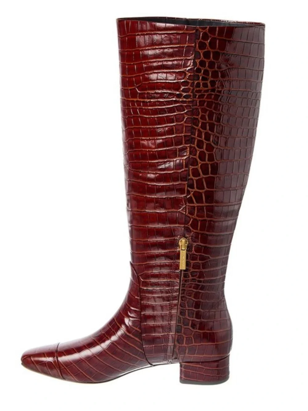 Veronica Beard Cecile Croc-Embossed Leather Knee-High Boot, Red brown 9 NWT 795$